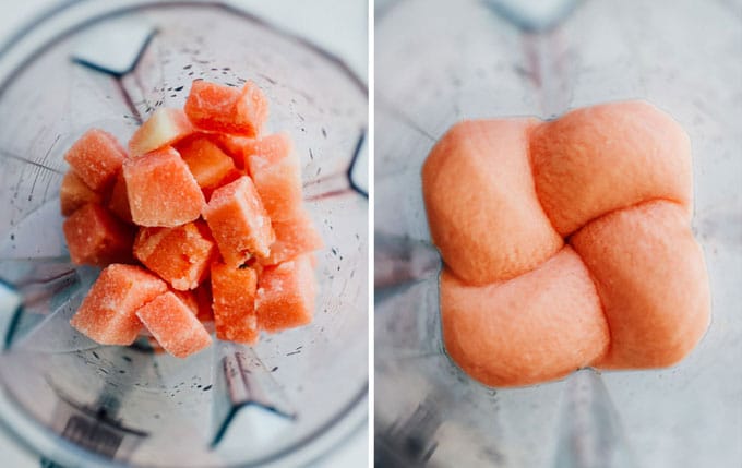 Collage of slushy looking into blender - For when you’re craving a cocktail that can cool you off in the summer heat, this Frozen Watermelon Daiquiri is the answer, taking almost no time to prepare (and with just a handful of ingredients)!