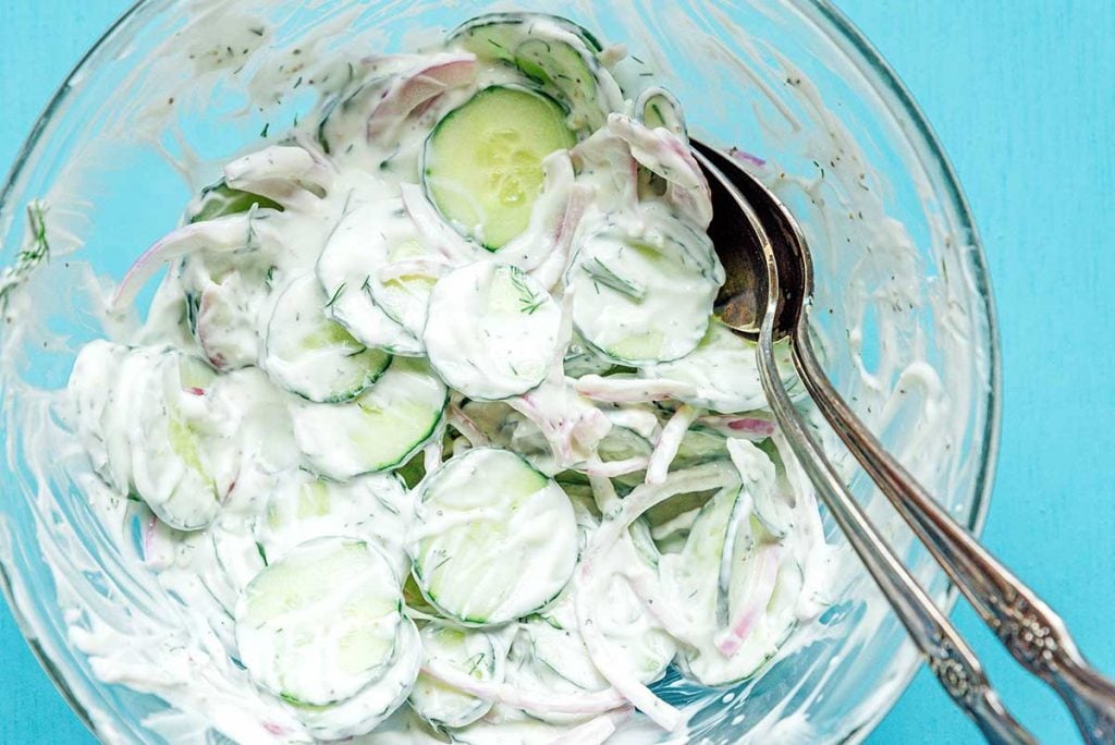 Freshly mixed creamy cucumber salad