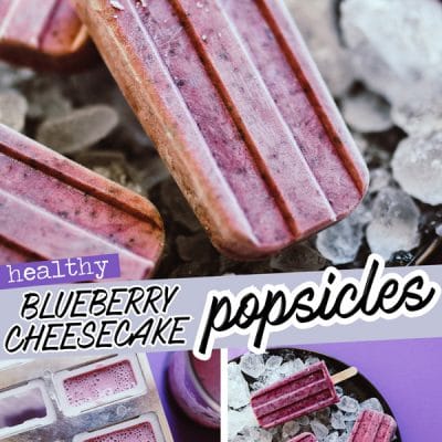 Popsicles on a plate with ice, purple background - These Blueberry Cheesecake Popsicles are a creamy and refreshing summer snack that are low in calories, ingredients, and prep time (but certainly not low on that classic blueberry cheesecake flavor!) Dig out your popsicle mold and give these a go.