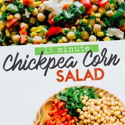 Salad ingredients on a plate on a white background - Today we're whipping up a Chickpea Corn Salad that's bursting with veggies and herbs, and tied together with a spiced Greek yogurt dressing.
