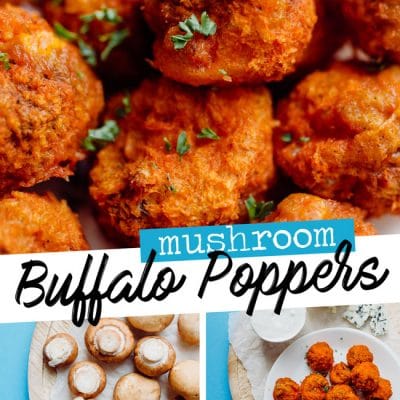 Buffalo mushroom poppers on a white plate with a blue background - These Buffalo Mushroom Poppers are stuffed with creamy jalapeno filling, coated in a quick panko crust, baked to crispy perfection, and topped off with buffalo sauce and bleu cheese dipping sauce. 