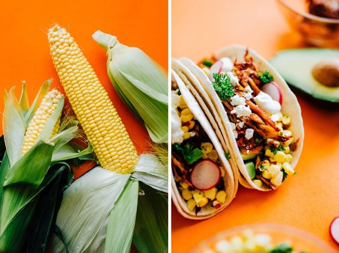 These vegetarian tacos are loaded with adobo-spiced pulled mushrooms (which have the same texture and taste as pulled pork) and a fresh corn ceviche that adds sweet crunch. Best vegetarian taco recipe of all time? Quite possibly.