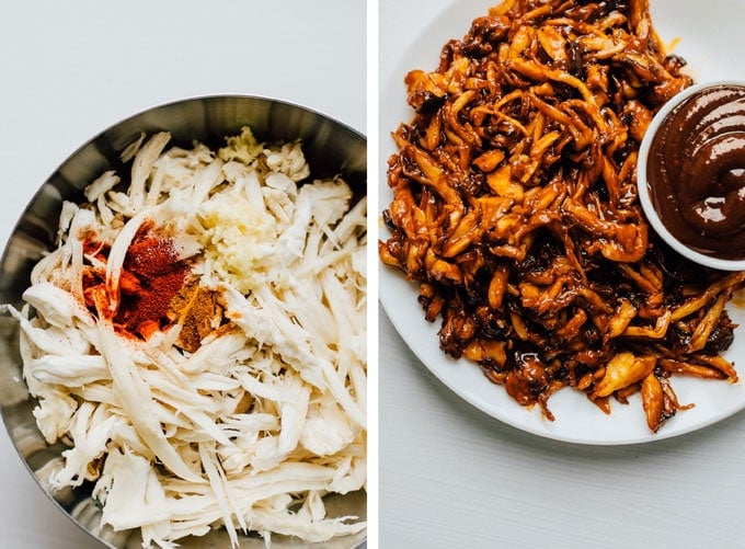 Vegan mushroom pulled pork on a white background and white plate - By shredding king oyster mushrooms, seasoning with spices, and baking, you can create a vegan mushroom pulled pork that rivals the real stuff! Perfect on sandwiches, tacos, nachos...or whenever you need pulled pork.