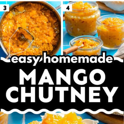 Step-by-step images show how to make homemade mango chutney, from fresh ingredients to the final spread, with the delicious mango chutney served on bread topped with cream cheese.