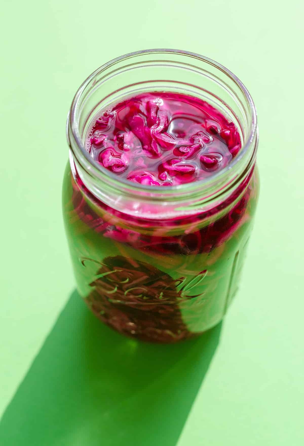 Pickled red cabbage in a jar.