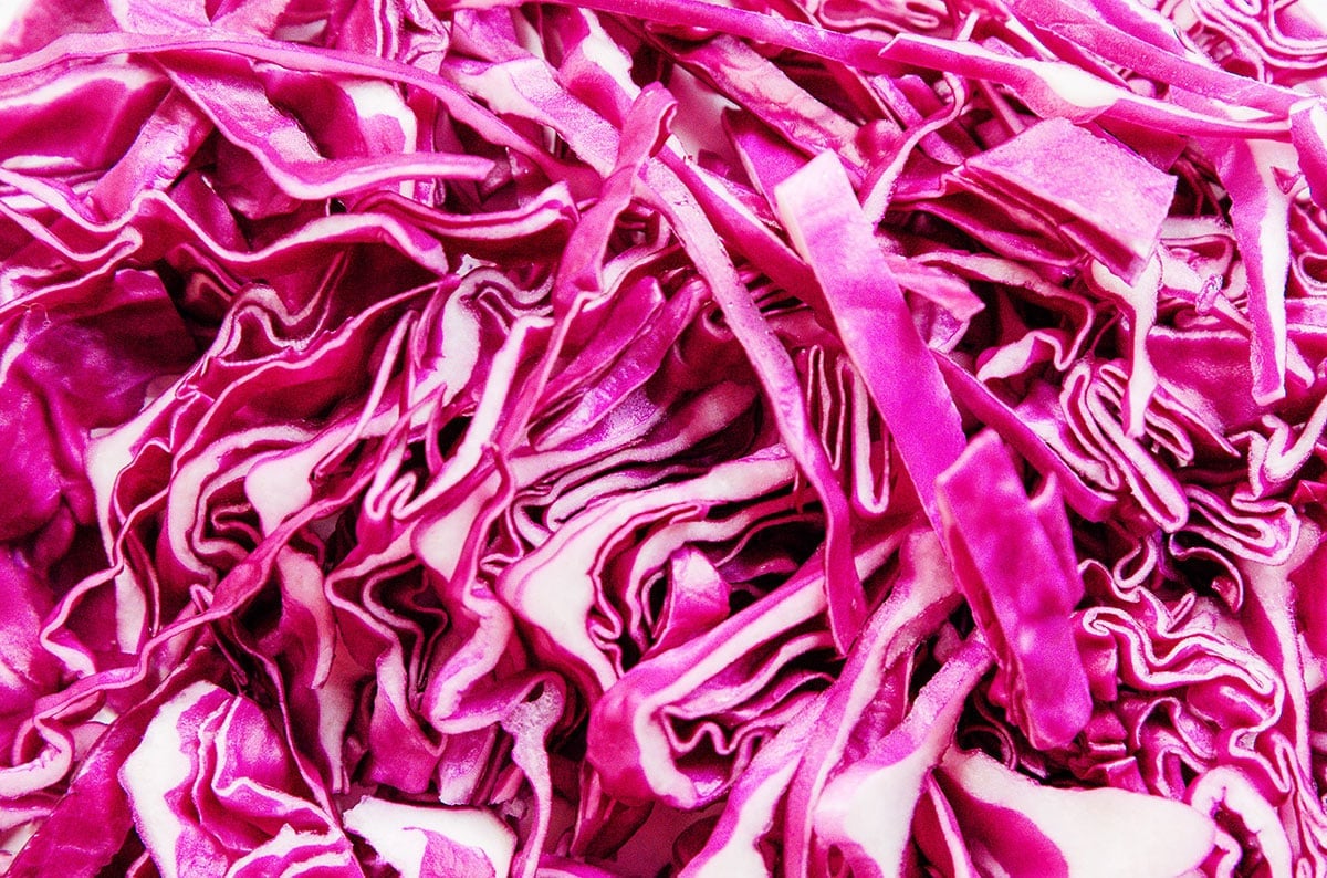 Close up of shredded red cabbage.