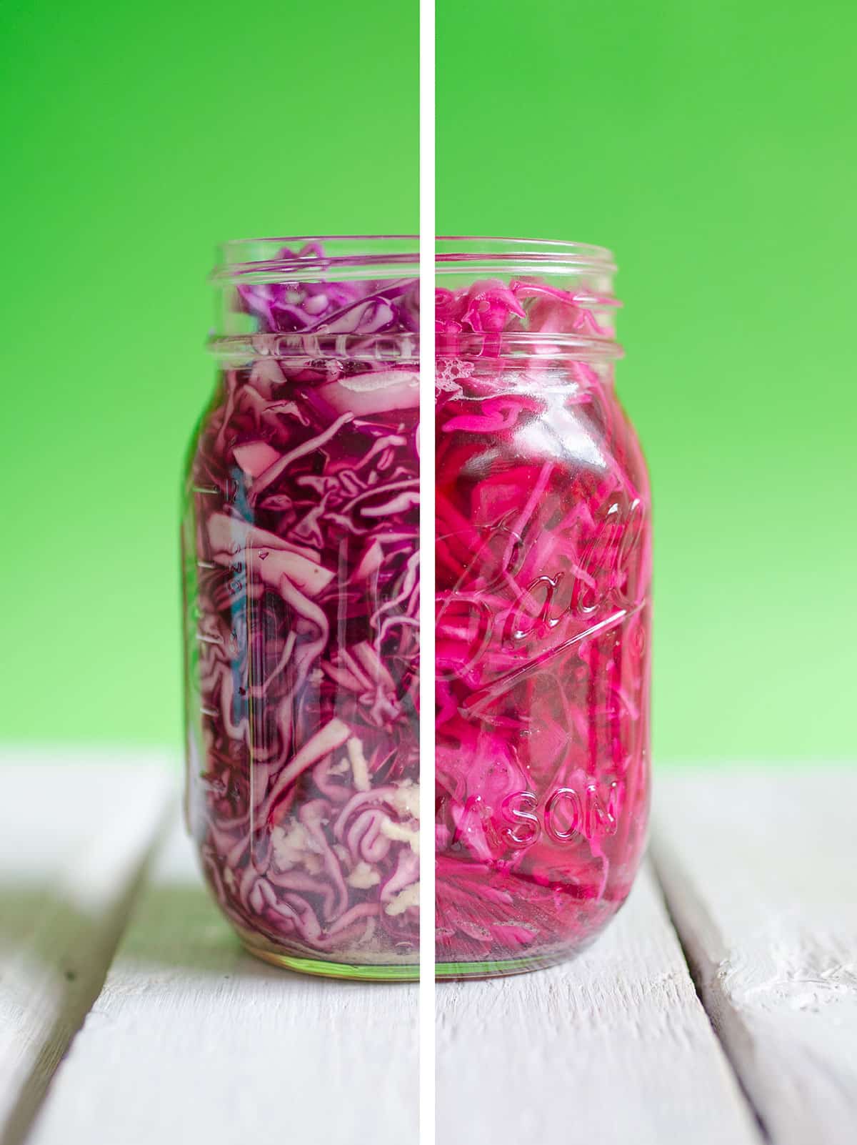 Pickled red cabbage in a glass jar with a green background.