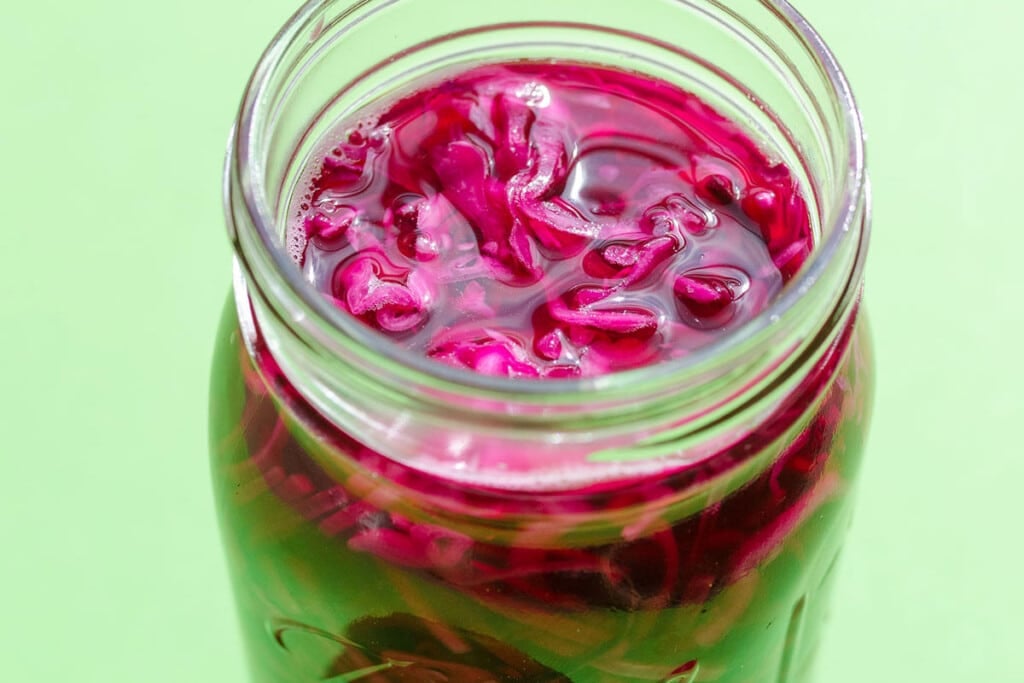 Pickled red cabbage in a jar.