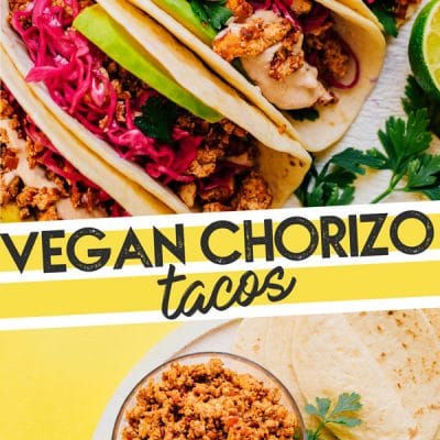 These Soyrizo Tacos are stuffed with homemade vegan chorizo and quick pickled red cabbage, topped off with a smoky adobo crème.
