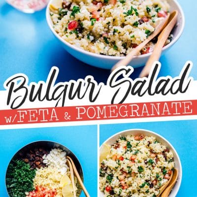 This vibrant bulgur salad is packed with whole grains, herbs, and is bursting with juicy pomegranate seeds! Toss it together for a quick and delicious side dish.