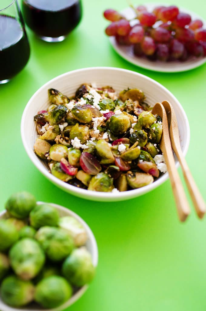 These roasted Brussels sprouts with balsamic and garlic are tossed together with grapes and feta cheese and become such a flavorful side dish! 