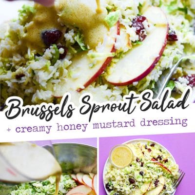 This Shaved Brussels Sprout Salad recipe is a chop it and toss it kind of dish, with sliced apples, dried cranberries, riced cauliflower, and shaved fresh Brussels sprouts. It's all tied together with the most creamy honey mustard dressing, and ready in under 15 minutes!
