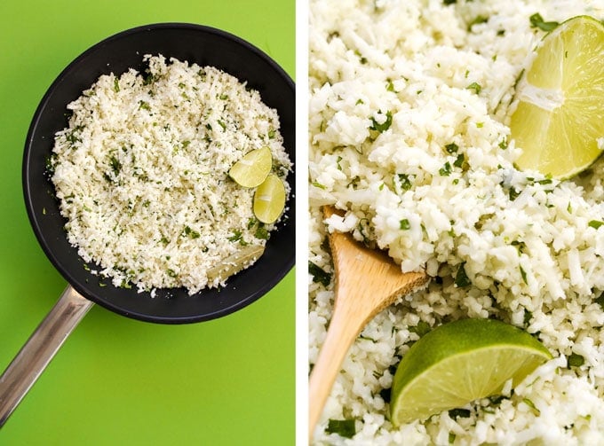 Cauliflower rice with cilantro and lime in a glass bowl on a green background