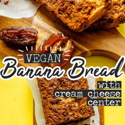 This Vegan Banana Bread is loaded with dates, almond butter, and a plant-based cream cheese filling that makes it ultra-moist!