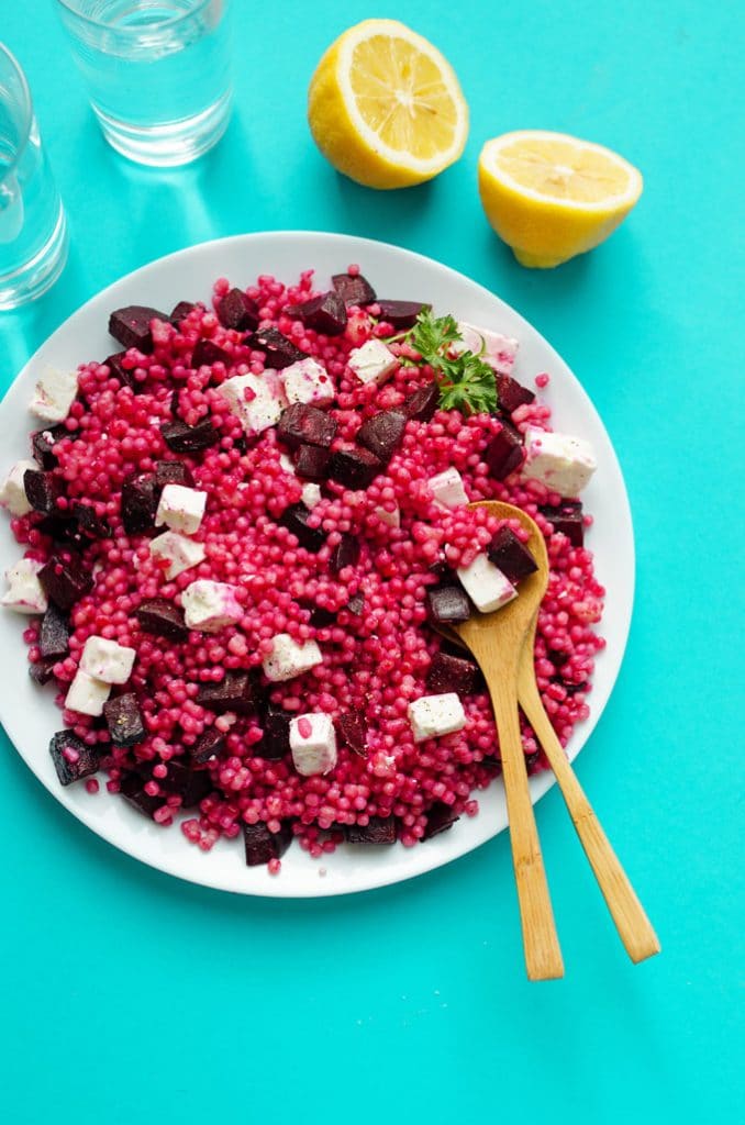 Bright pink Israeli couscous with beets and lemon