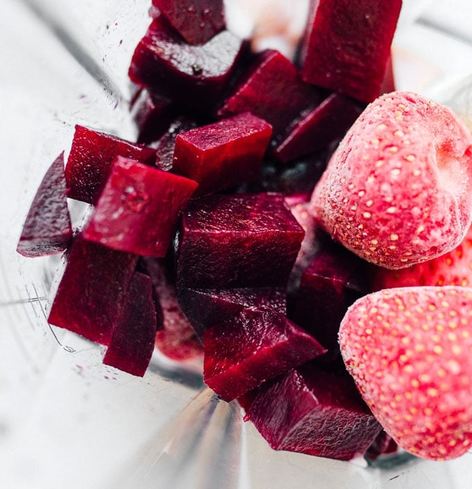 This Pink Power Beet Smoothie takes the classic strawberry banana smoothie and super-charges it with antioxidant-rich roasted beets!
