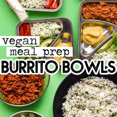 Meal prep boxes on a green background - This vegan Burrito Bowl Meal Prep is the perfect make ahead lunch that makes clean eating all week easy (and delicious)!