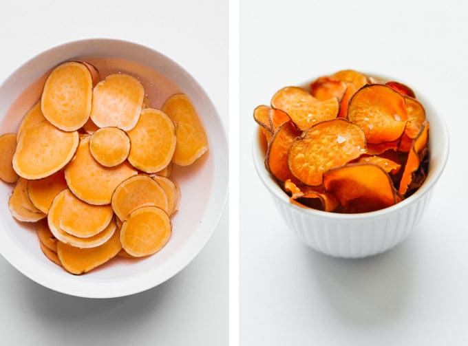 Homemade air fried sweet potato chips on a white background - The ultimate guide on how to cook air fryer potatoes! How to make roasted potatoes, homemade French fries, and potato chips in your air fryer, using both white potatoes and sweet potatoes.
