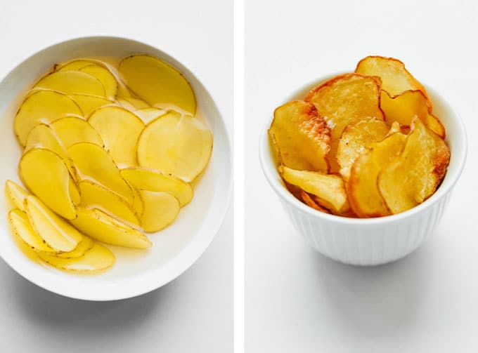 Homemade air fried potato chips on a white background - The ultimate guide on how to cook air fryer potatoes! How to make roasted potatoes, homemade French fries, and potato chips in your air fryer, using both white potatoes and sweet potatoes.