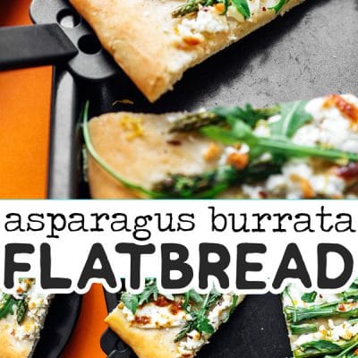 Asparagus pizza recipe on orange background - This Burrata Asparagus Pizza is a simple yet downright delicious flatbread to whip up on pizza night. Creamy burrata piled with tender asparagus, fresh arugula, and lemon!