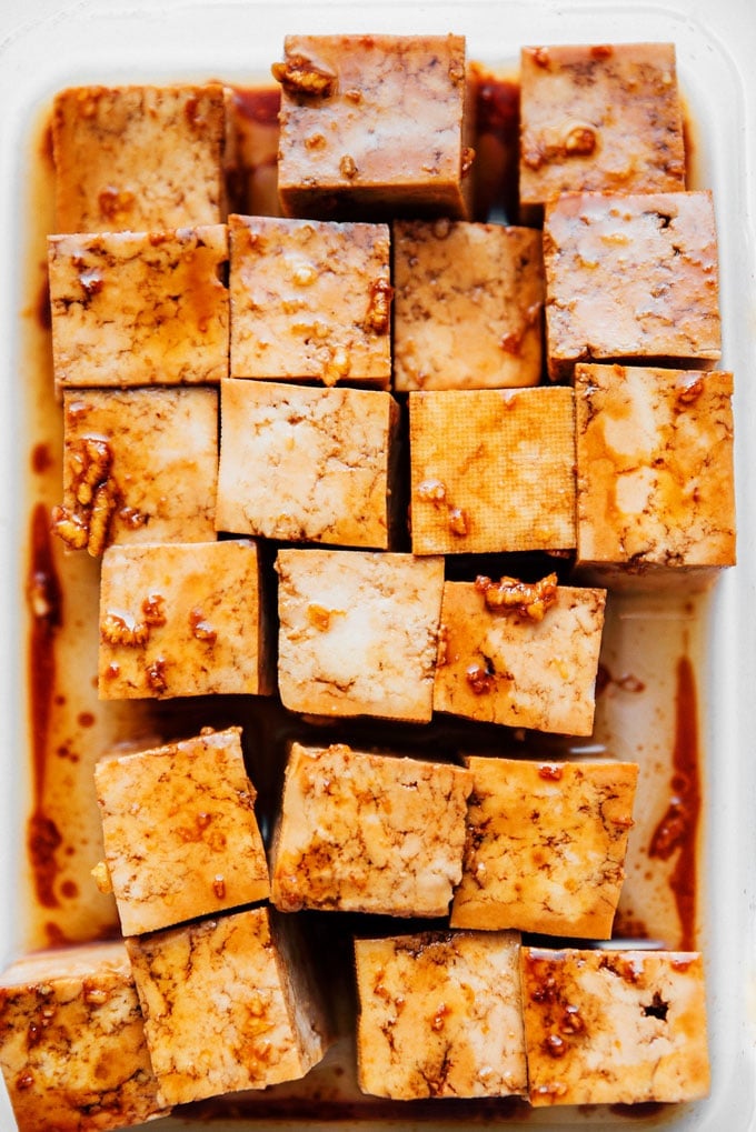 Crispy tofu recipe being marinaded - This vegan air fried tofu tastes like it's straight from the deep fryer (while being way lower in fat).