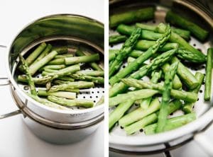 Steamed asparagus recipe on white background - The ultimate guide on how to cook asparagus! How to cook asparagus in the oven, in the microwave, or by blanching, steaming, or sautéing.