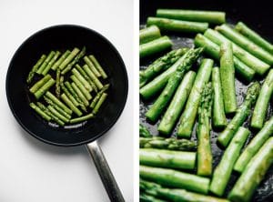 Sauteed asparagus recipe on white background - The ultimate guide on how to cook asparagus! How to cook asparagus in the oven, in the microwave, or by blanching, steaming, or sautéing.