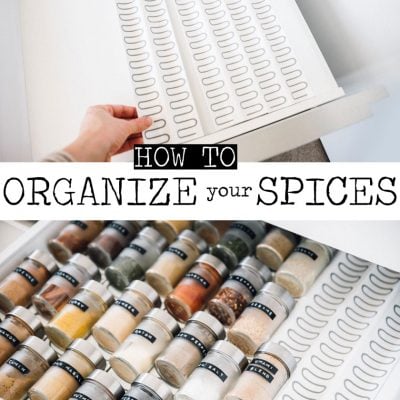 Organize spice drawer in minimalist white kitchen - How to clean out and organize your spice drawer like a pro! Spend less time looking for spices and more time cooking (and eating) tasty food).