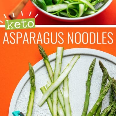 Asparagus noodles recipe, a low carb asparagus pasta on a red background