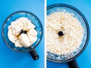 Cauliflower risotto recipe in a bowl on a blue background - This Cauliflower Risotto recipe is a low carb, keto-friendly twist on traditional risotto. Creamy and cheesy, without all the carbs!