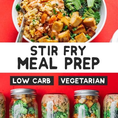 This vegetarian stir fry meal prep idea is packed with flavorful cauliflower fried rice, soy-glazed tofu, steamed broccoli, and sriracha mayo!