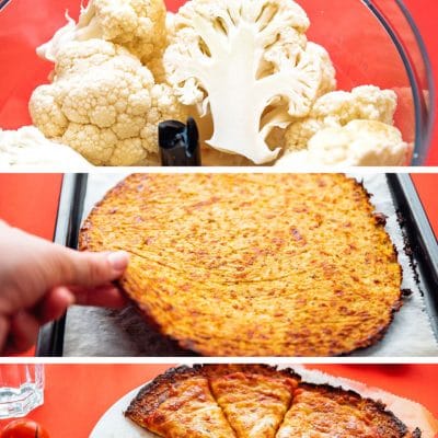 How to make cauliflower pizza crust recipe with pizza on red background