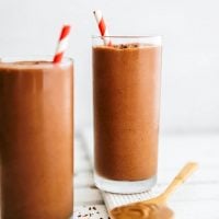 Very low carb smoothie recipe with chocolate in a glass on a white background