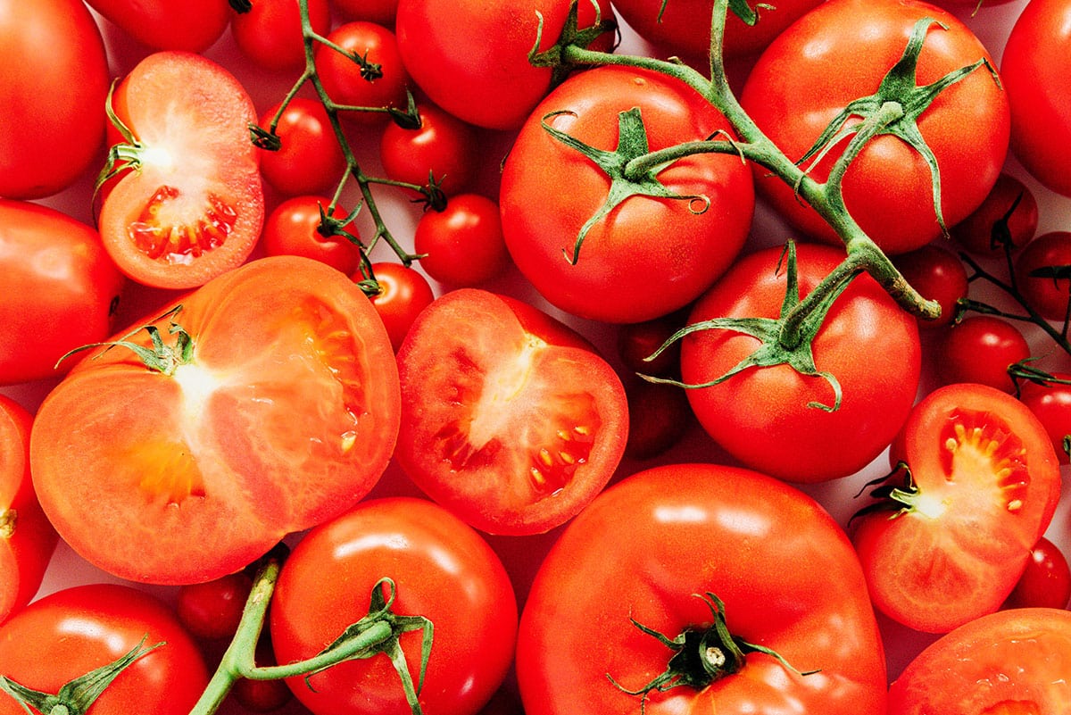 Close up of many types of tomatoes