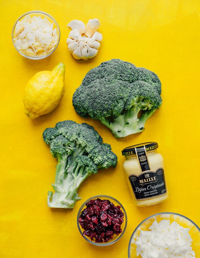 Ingredients to make grilled broccoli salad with honey mustard dressing