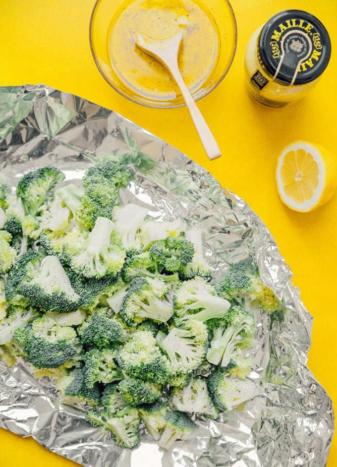 Ingredients to make grilled broccoli salad with honey mustard dressing
