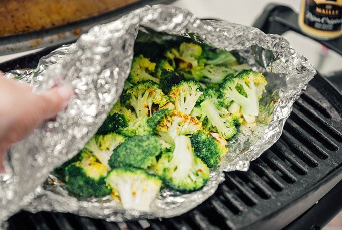 Grilling broccoli in aluminum foil