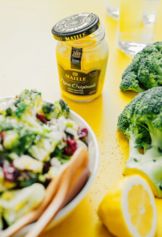 Maille mustard jar in a broccoli salad