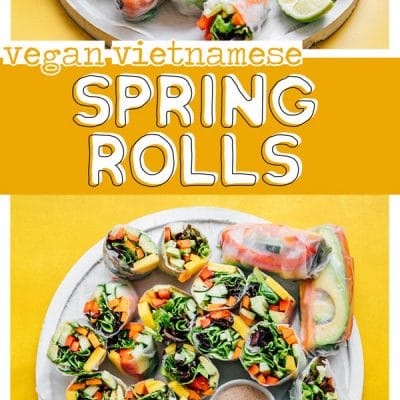 Veggie spring rolls cut in half on a plate
