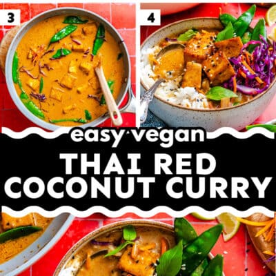 Step-by-step images show the preparation of vegetarian coconut curry with tofu, snow peas, shredded purple cabbage, and rice, garnished with black sesame seeds in a bowl.