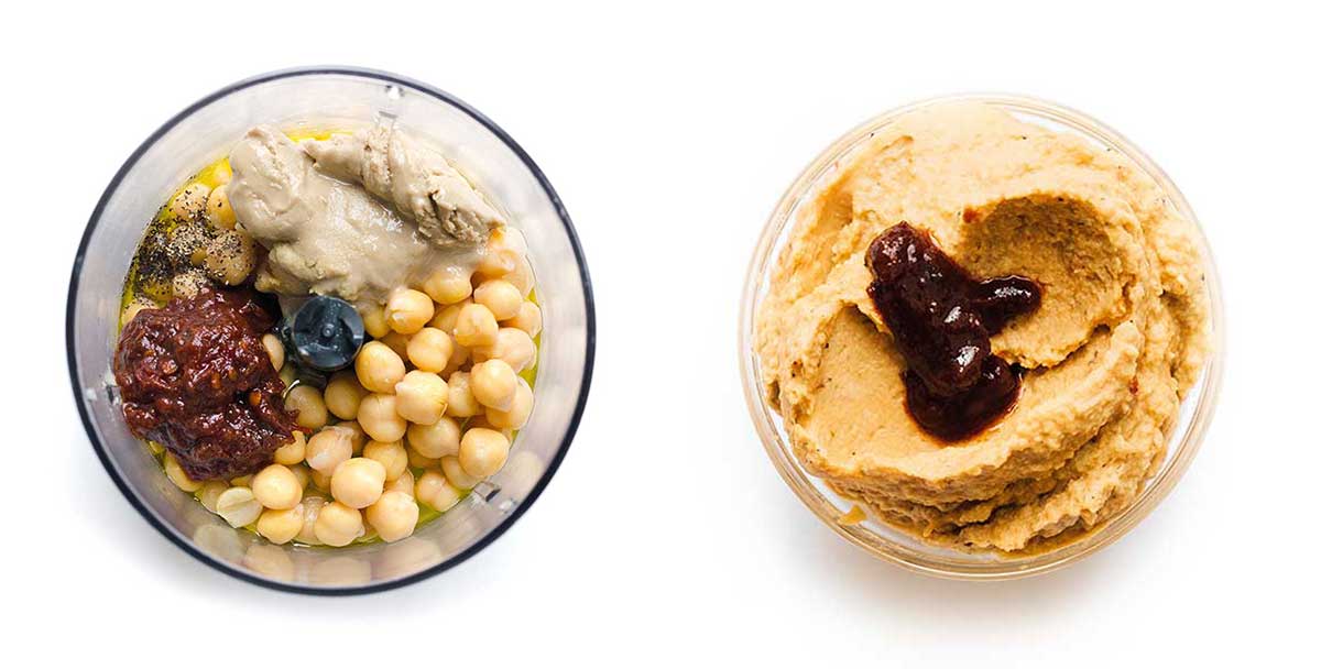 Adobo homemade hummus in a bowl on a white background