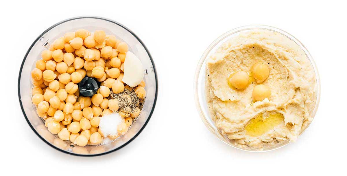 Plain homemade hummus in a bowl on a white background
