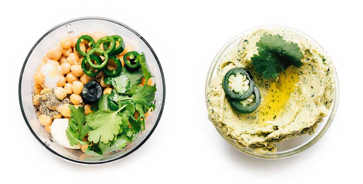 Jalapeno homemade hummus in a bowl on a white background