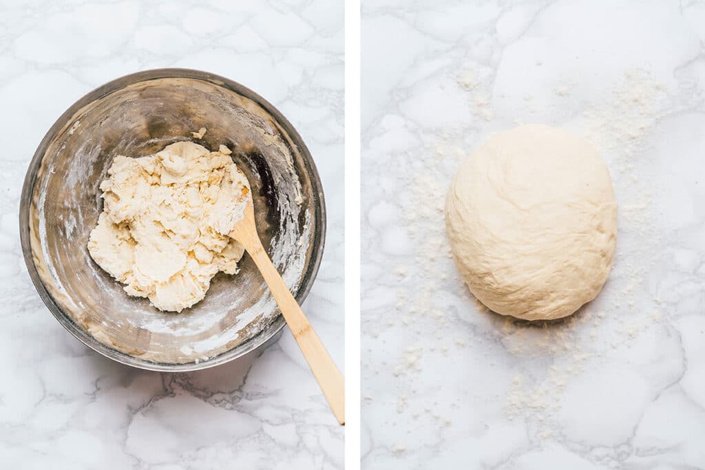 Kneading dough before and after.