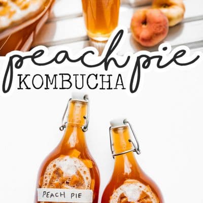Peach kombucha in bottles on a white background