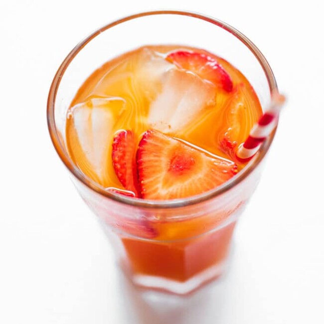 Homemade strawberry kombucha in a glass
