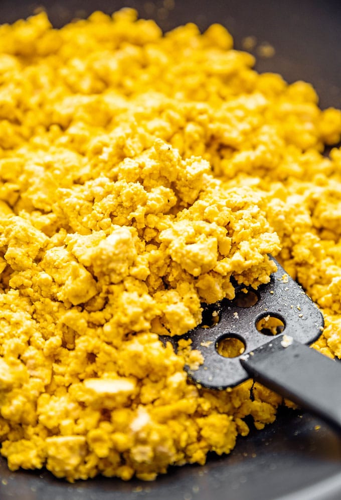 Close-up photo of yellow tofu scramble vegan eggs