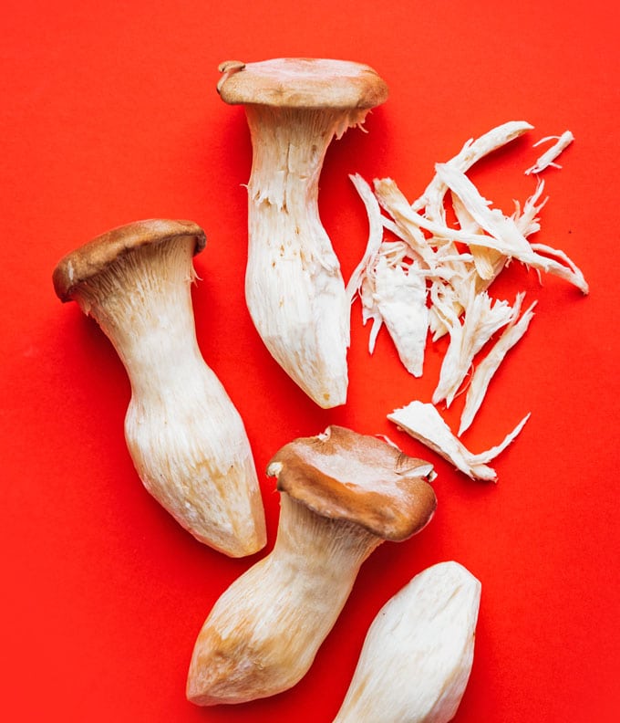 Shredded king oyster mushrooms on a red background