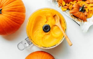 Homemade pumpkin puree in a food processor