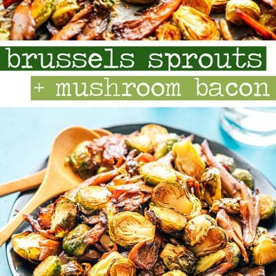 Roasted Brussels sprouts with vegan bacon on a black plate